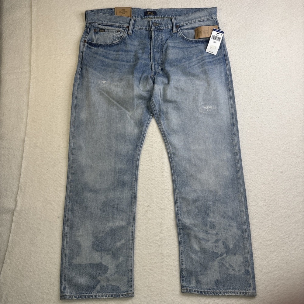 Polo Ralph Lauren Classic Fit Jeans Light Wash Rope Dyed Distressed 38x30 NWT